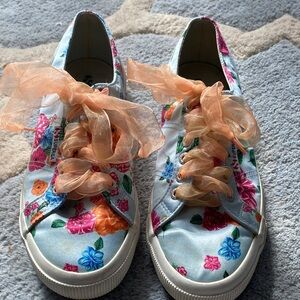 Superga Floral Satin Sneakers with Peach Ribbon Laces